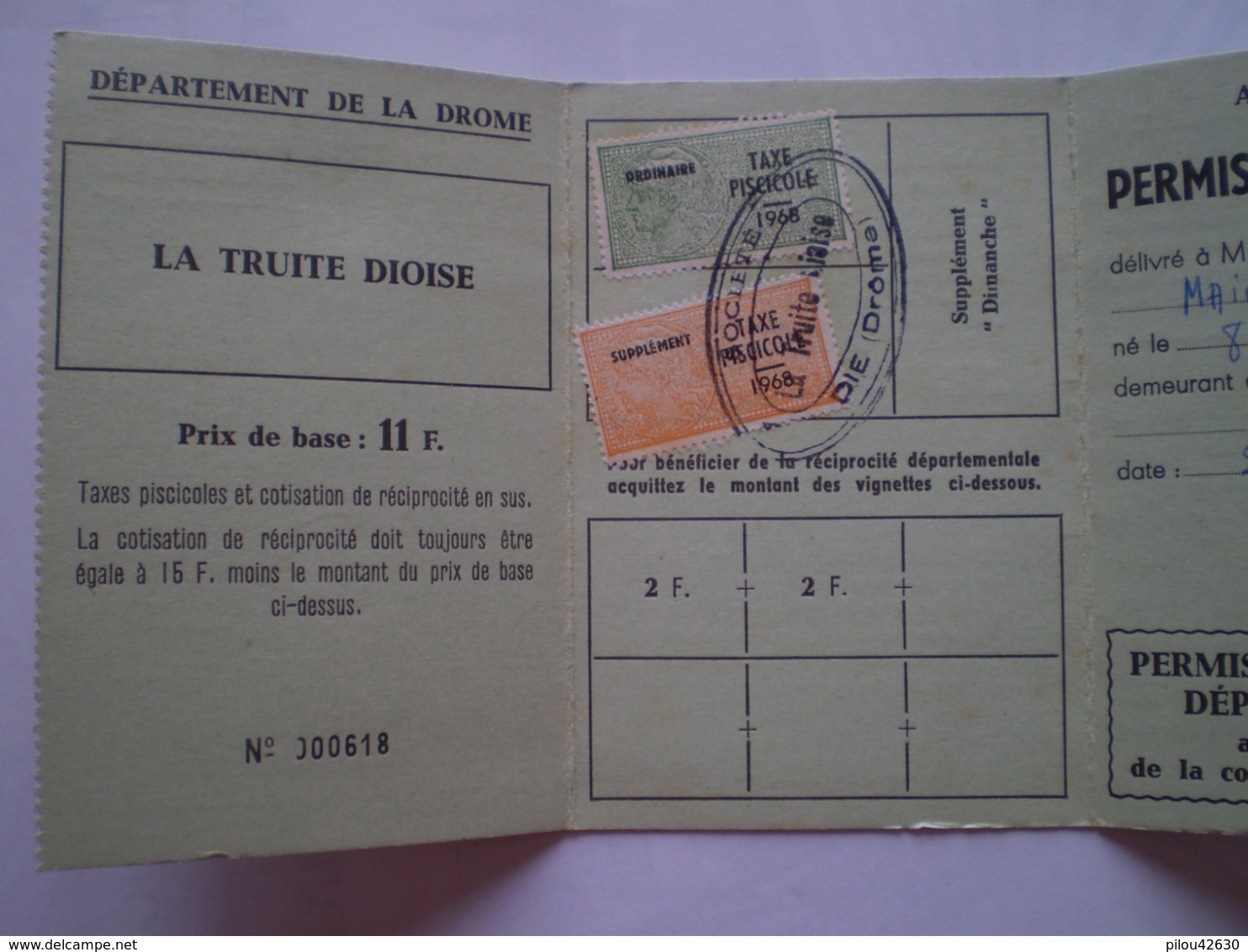 Permis De Pêche De La Truite Dioise à Die, Drôme.timbre Fiscal Ordinaire & Supplément De Taxe Piscicole - Pêche