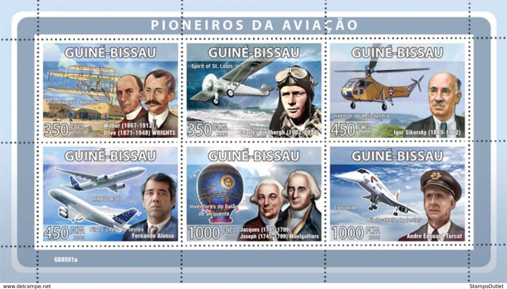 Guinea - Bissau 2008 - Pioneers Of Aviations (W.&O.Wrights, C.Lindberg, I.Sikorsky) 6v Y&T 2650-2655, Michel 3923-3928 - Guinée-Bissau