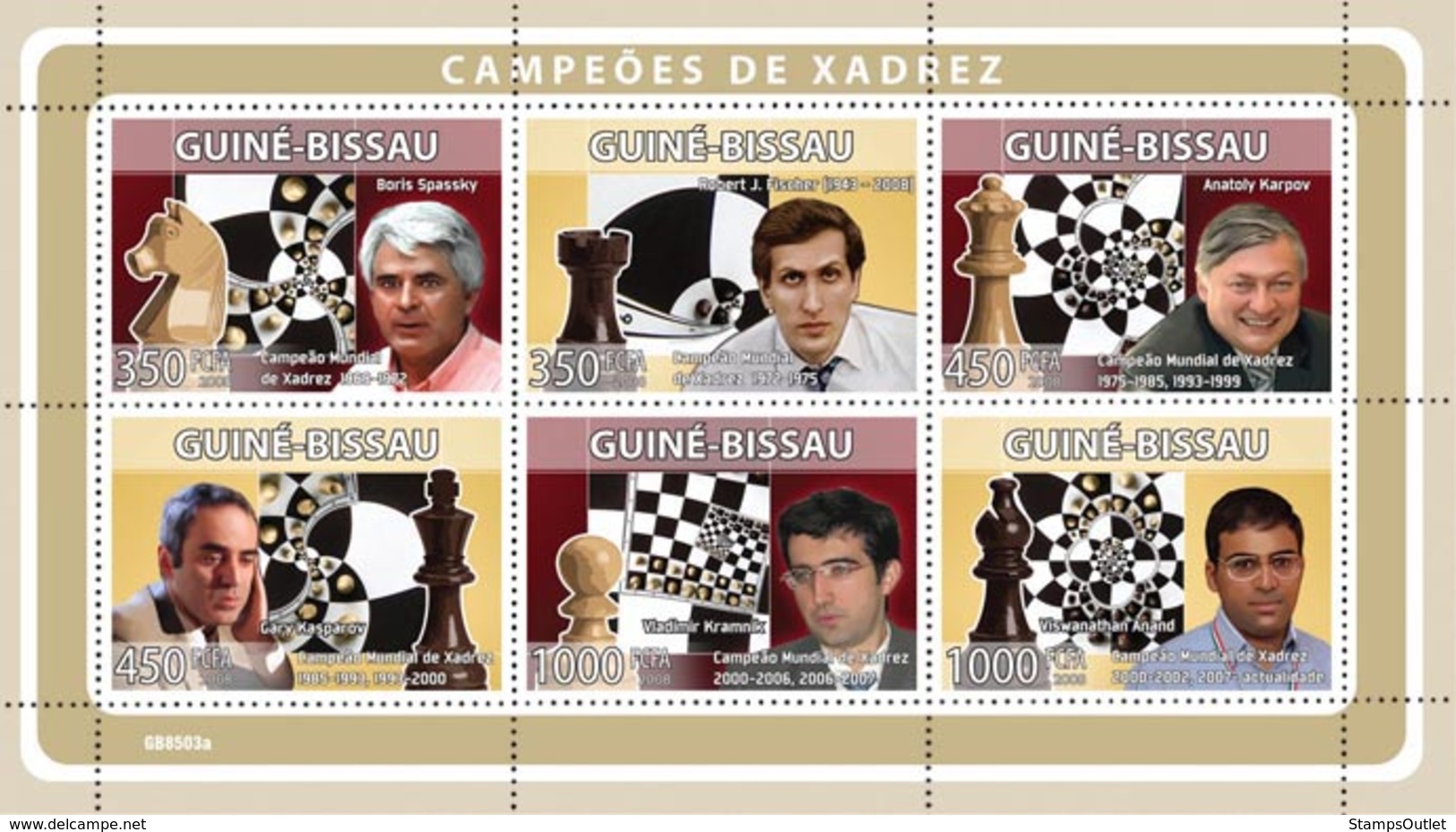 Guinea - Bissau 2008 - Chess Champions (B.Spassky, R.J.Fischer, A.Karpov, Etc) 6v Y&T 2662-2667, Michel 3937/3942 - Guinea-Bissau