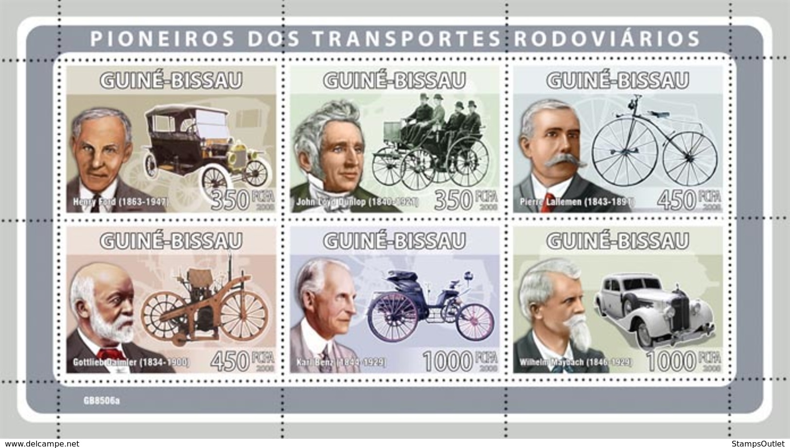 Guinea - Bissau 2008 - Pioneers Of Transport (H.Ford, J.L.Dunlop, P.Lalleman, Etc) 6v Y&T 2680-2685, Michel 3958-3963 - Guinea-Bissau