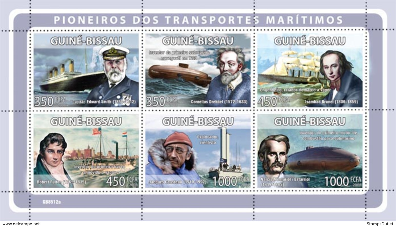 Guinea - Bissau 2008 - Pioneers Of Sea Transport (E.Smith, C.Drebbel, I.Brunel, Etc) 6v Y&T 2716-2721, Michel 4000-4005 - Guinea-Bissau