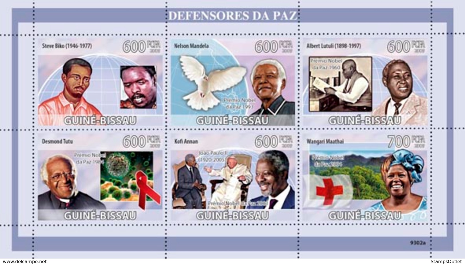 Guinea - Bissau 2009 - Defenders Of Peace (S.Biko, N.Mandela, A.Lutuli, D.Tutu, ..) 6v Y&T 2892-2897, Michel 4265-4270 - Guinea-Bissau