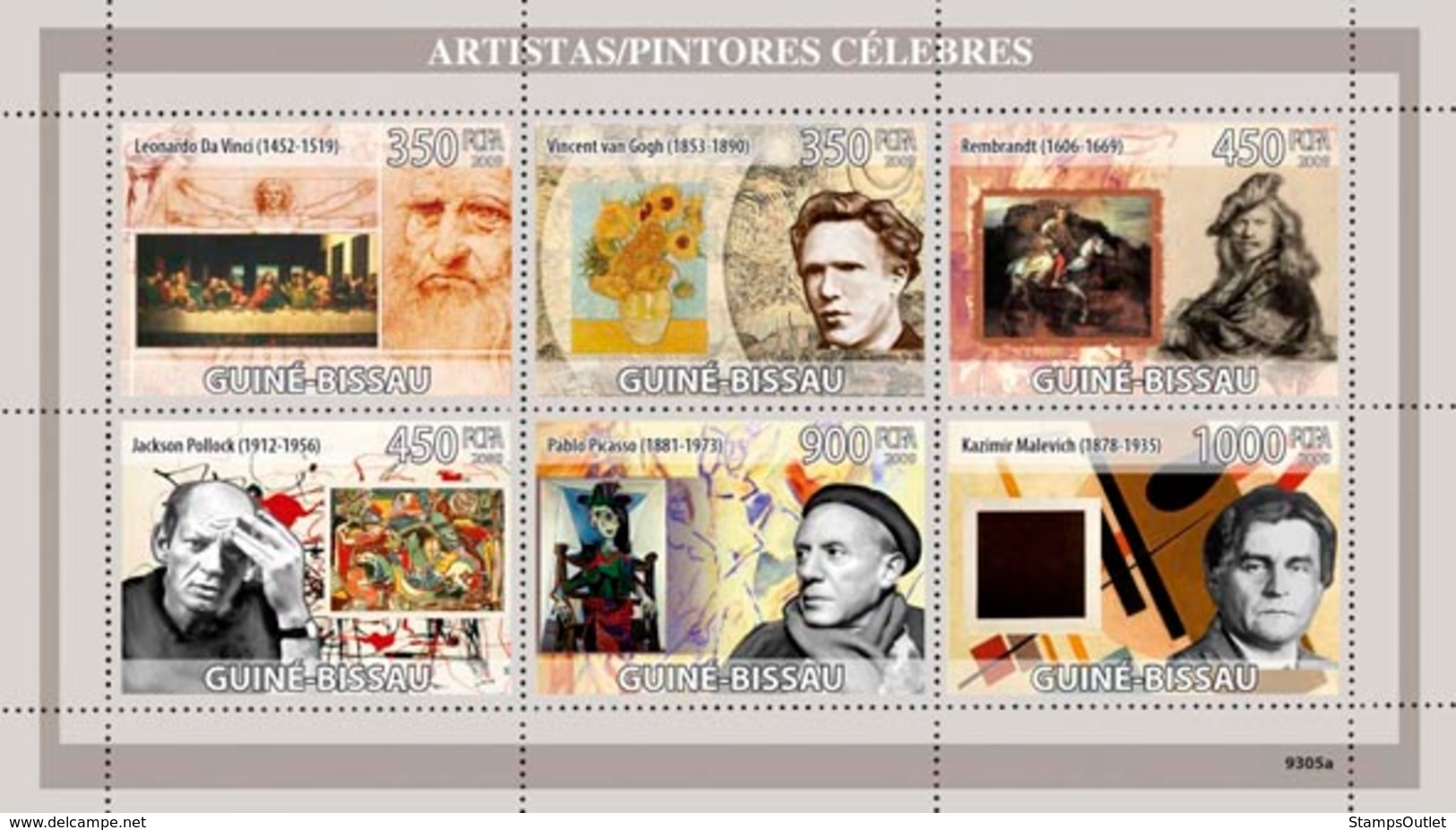 Guinea - Bissau 2009 - Greatest Painters (L.da Vinci, V.van Gogh, Rembrandt, Etc.) 6v Y&T 2910-2915, Michel 4197-4202 - Guinea-Bissau