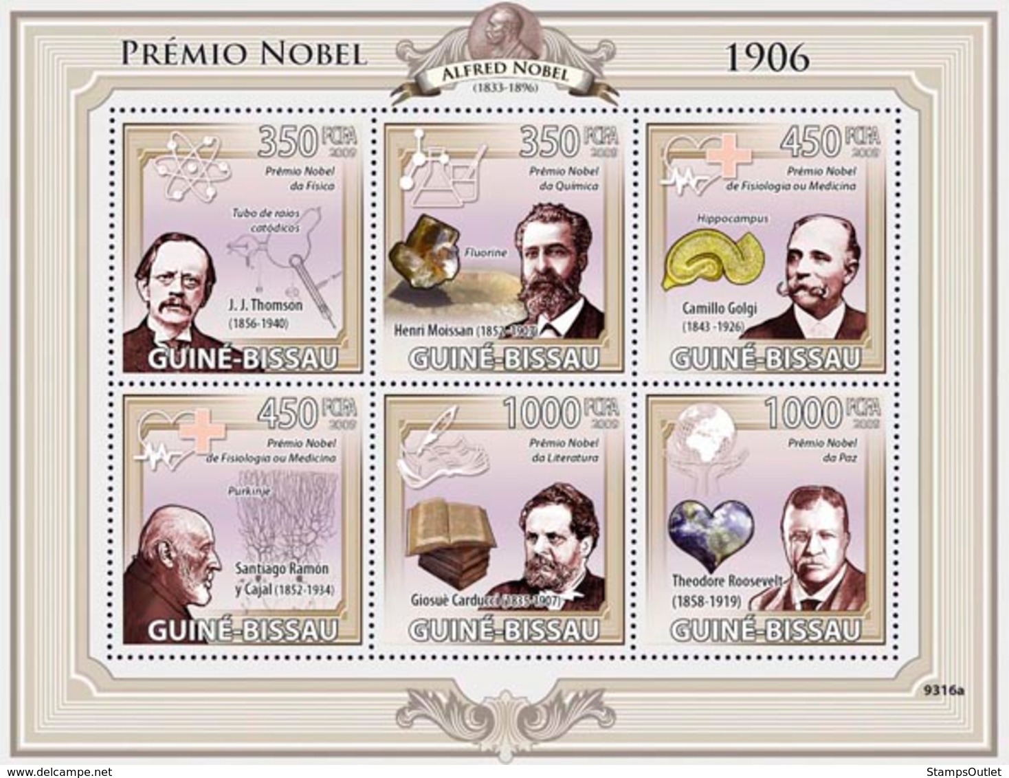 Guinea - Bissau 2009 - Nobel Prize 1906 (J.J.Thomson, H.Moissan, C.Golgi, S.Ramon..) 6v Y&T 2970-2975, Michel 4242-4247 - Guinea-Bissau