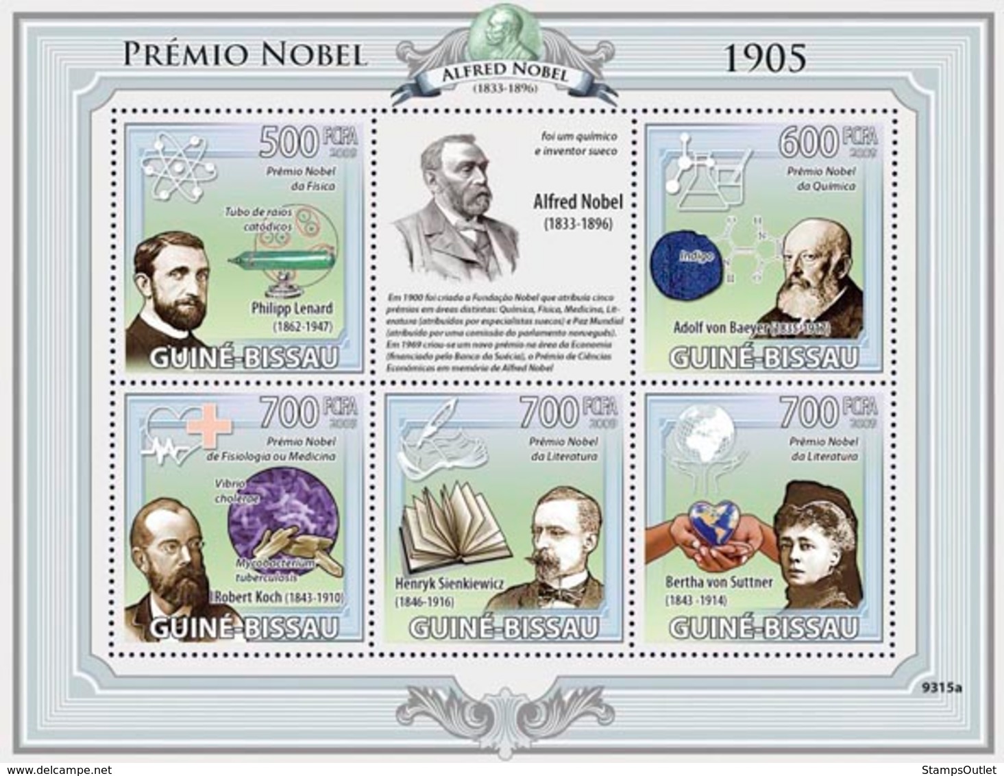 Guinea - Bissau 2009 - Nobel Prize 1905 (P.Lenard, A.von Baeyer, R.Koch, H.Sienkiewi) 5v Y&T 2965-2996, Michel 4253-4257 - Guinea-Bissau