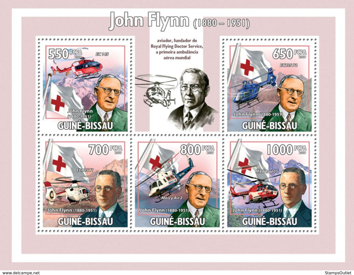 Guinea - Bissau 2009 - John Flynn (1880-1951), Helicopters & Red Cross 5v Y&T 3139-3143, Michel 4515-4519 - Guinea-Bissau