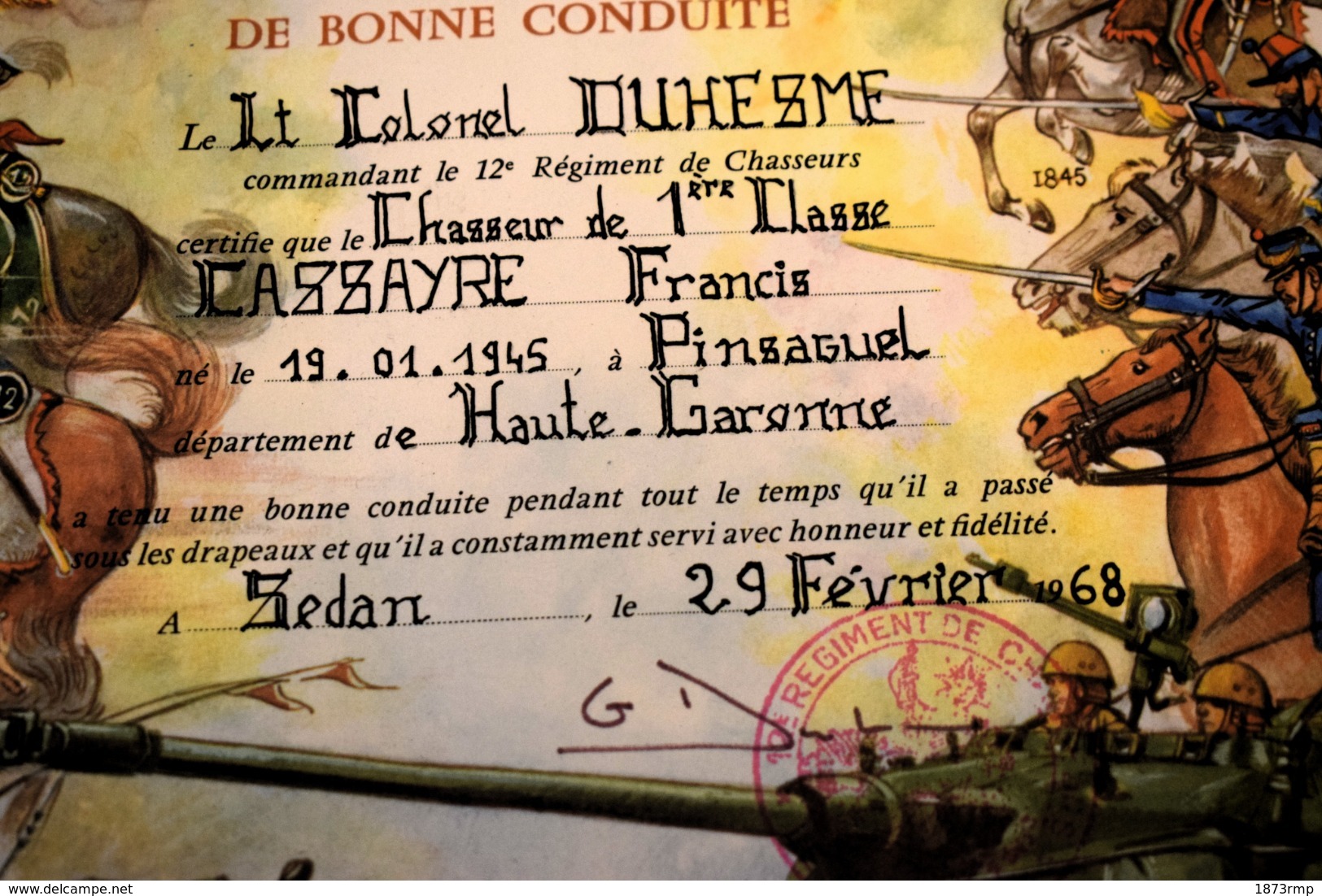 17 ÈME CHASSEUR, CERTIFICAT DE BONNE CONDUITE 1968 - Documents