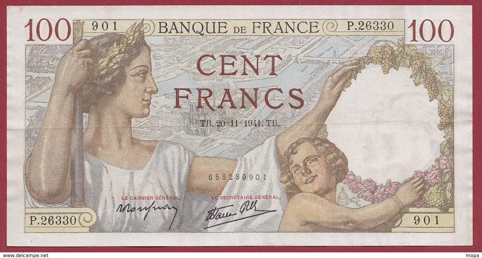 100 Francs "Sully" Du 04/12/1941.TB --F/TTB+---ALPH.P.26330--AUCUN TROU D EPINGLE - 100 F 1939-1942 ''Sully''