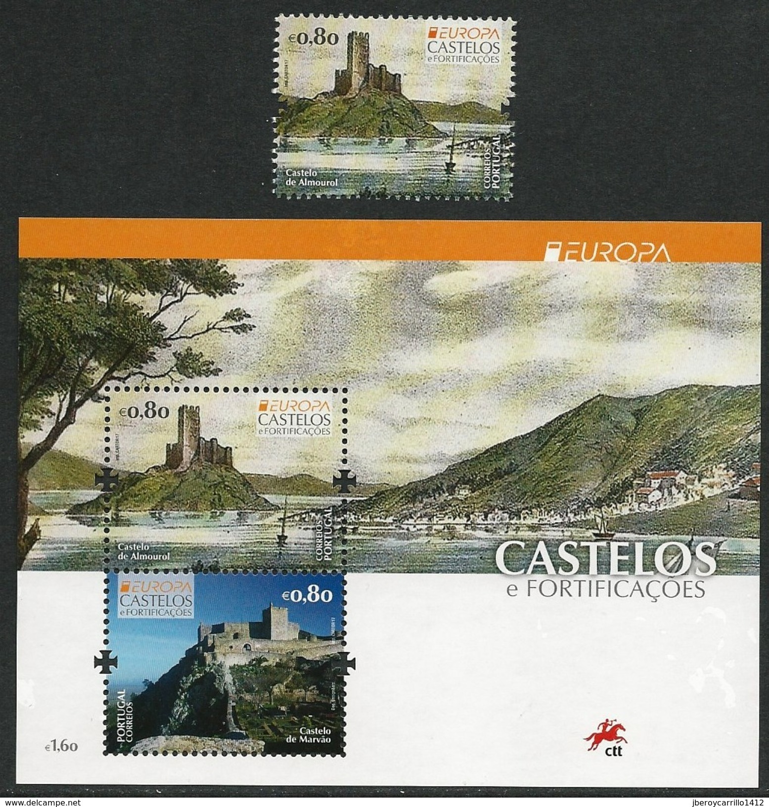 PORTUGAL// PORTOGALLO -EUROPA-CEPT 2017.-"CASTILLOS -CASTLES -SCHLÖSSER"-SERIE De 1 V. + HOJITA BLOQUE - 2017