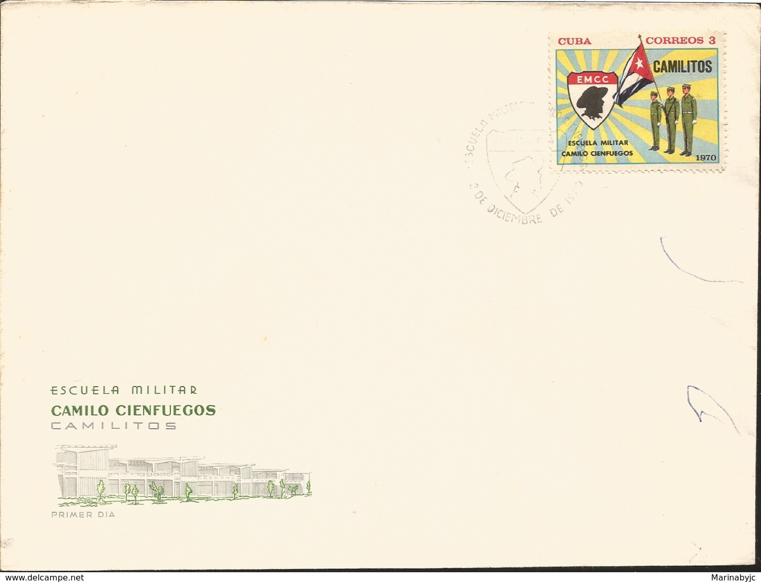 V) 1970 CARIBBEAN, CAMILO CIENFUEGOS MILITARY ACADEMY, WITH SLOGAN CANCELATION IN BLACK, FDC - Brieven En Documenten