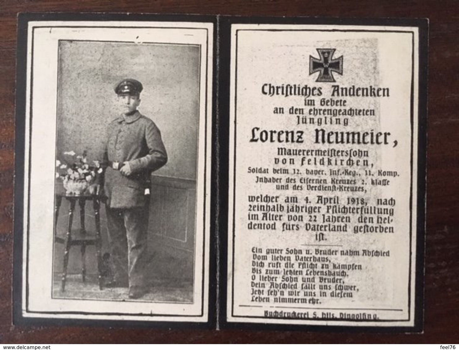 Sterbebild Wk1 Bidprentje Avis Décès Deathcard IR12 April 1918 Aus Feldkirchen - 1914-18