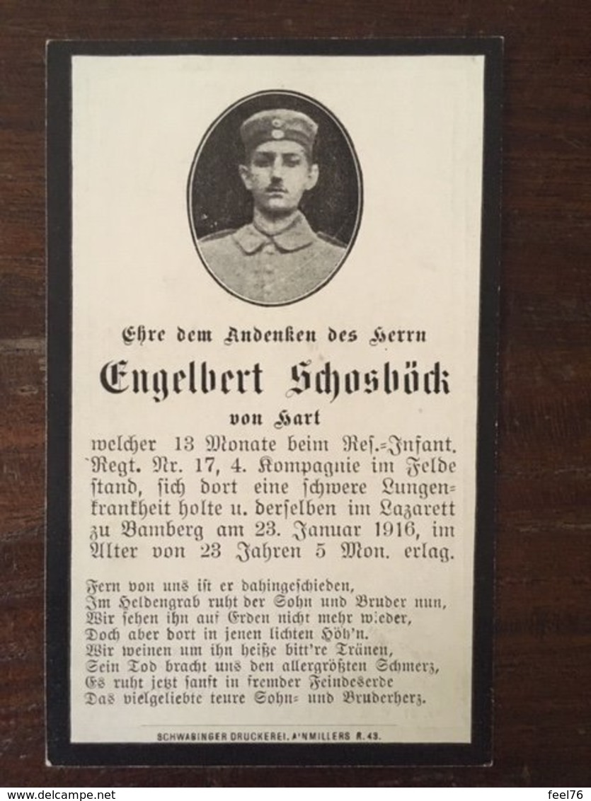 Sterbebild Wk1 Bidprentje Avis Décès Deathcard RIR17 BAMBERG Grab 40 Aus Hart - 1914-18