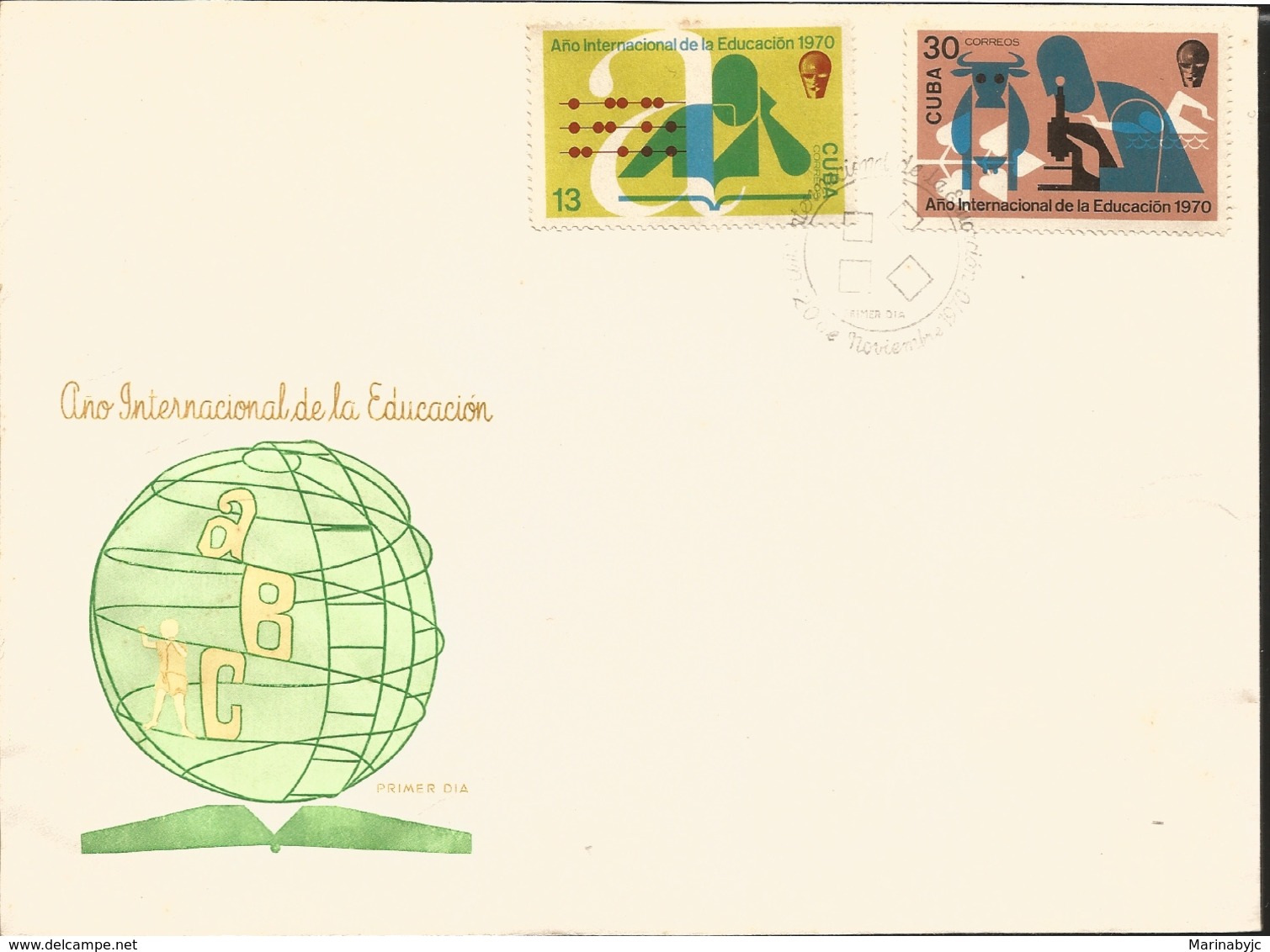 V) 1970 CARIBBEAN, INTERNATIONAL EDUCATION YEAR, ABACUS, A, COW, MICROSCOPE, WITH SLOGAN CANCELATION IN BLACK, FDC - Covers & Documents