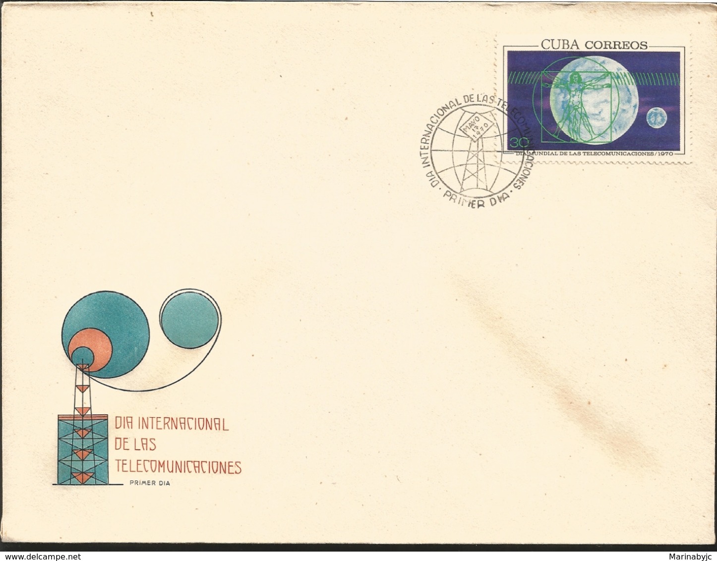 V) 1970 CARIBBEAN, WORLD TELECOMMUNICATIONS DAY, DA VINCI’S ANATOMICAL DRAWING, EARTH, MOON, WITH SLOGAN CANCELATION IN - Storia Postale