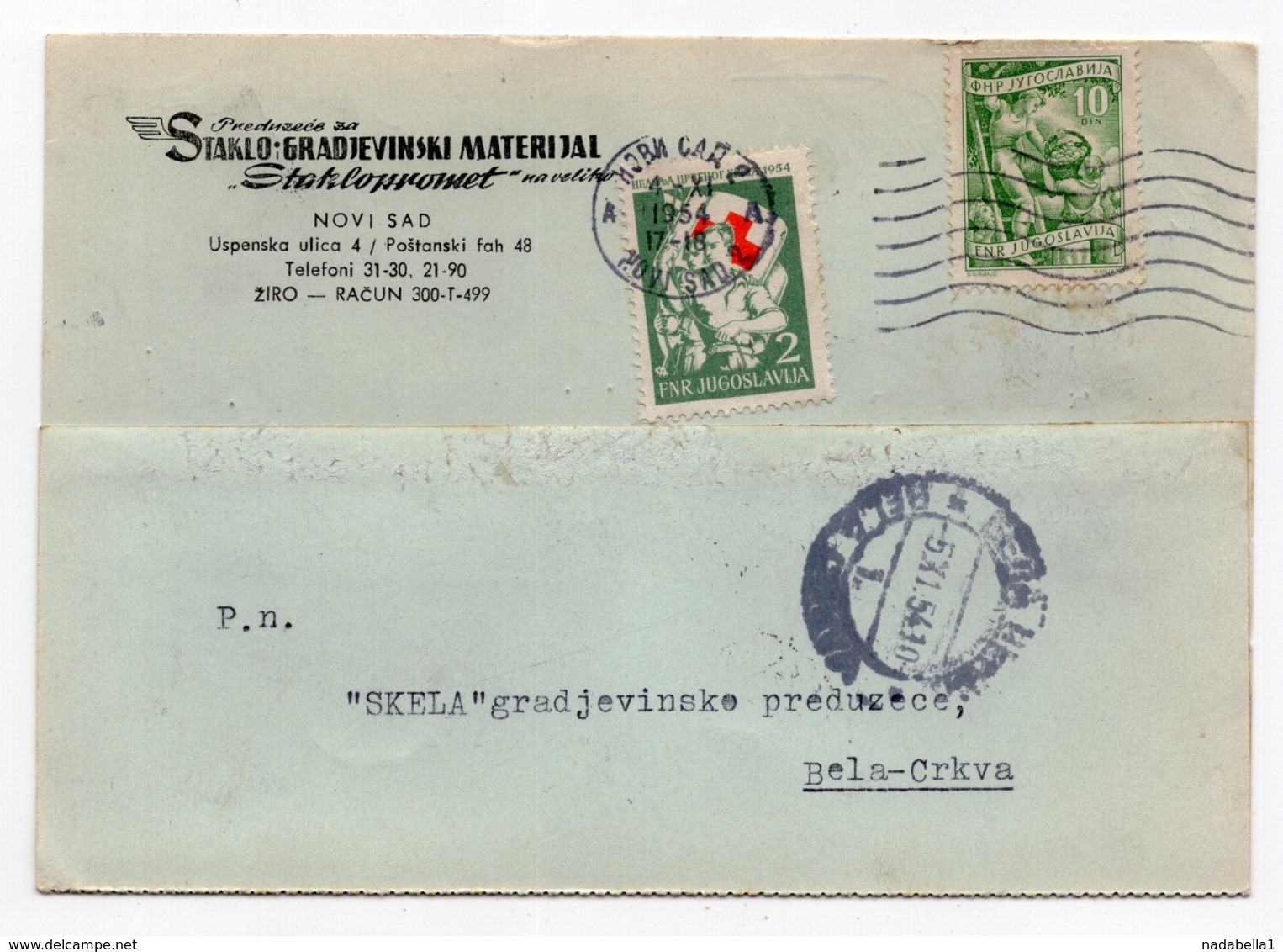 1954 YUGOSLAVIA, SERBIA, NOVI SAD TO BELA CRKVA, CORRESPONDENCE CARD, RED CROSS ADDITIONAL STAMP - Covers & Documents
