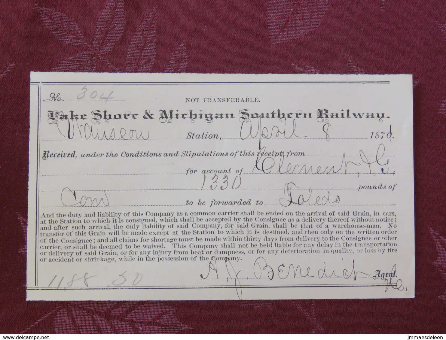 USA 1871 Receipt Of Lake Shore & Michigan Southern Railway - United States