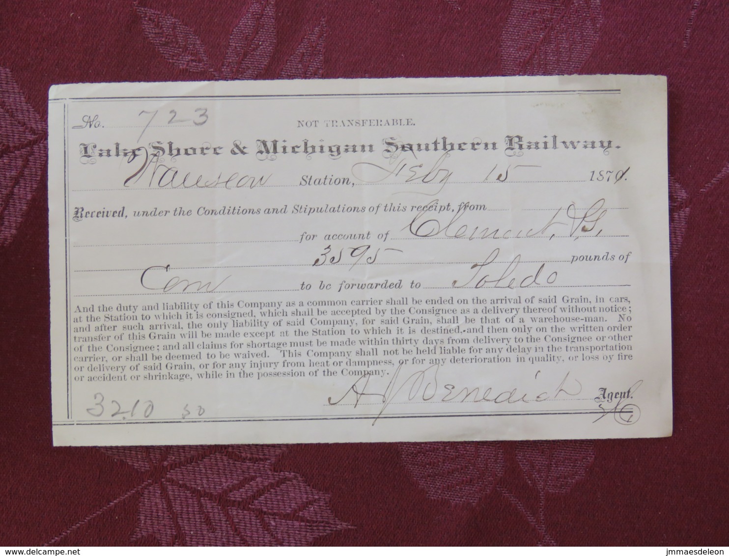 USA 1871 Receipt Of Lake Shore & Michigan Southern Railway - Etats-Unis