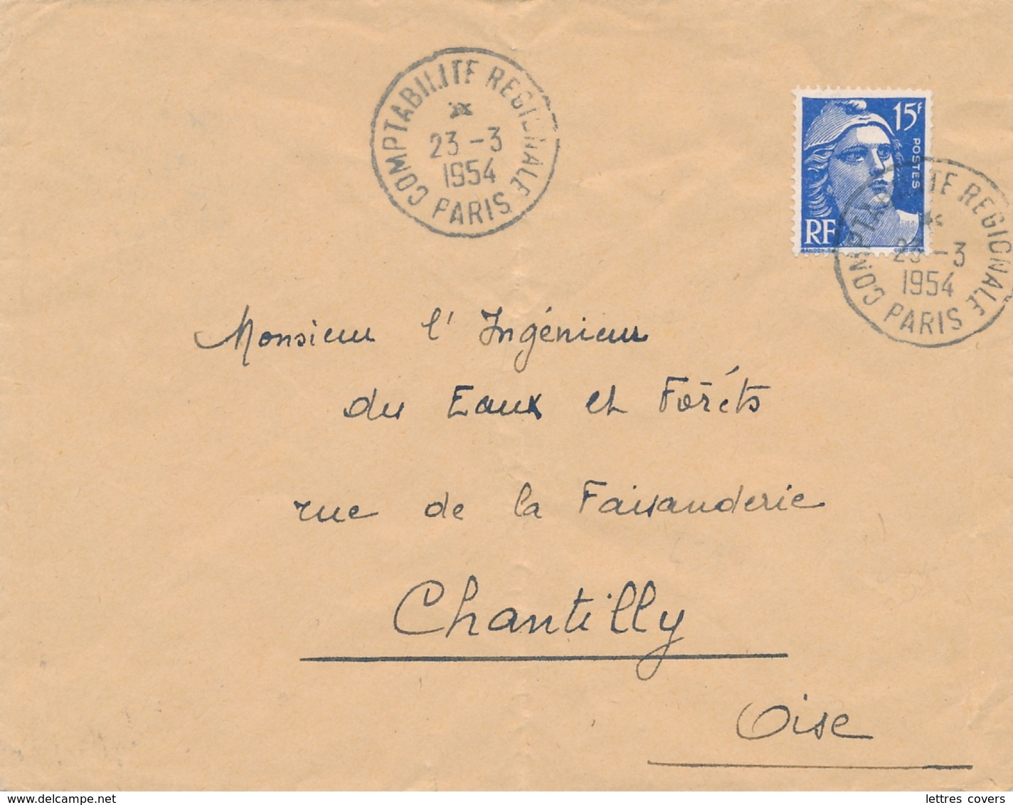 CàD " COMPTABILITÉ RÉGIONALE PARIS 23/3/54 " PEU COMMUN Obl GANDON 15f Sur Lettre > Chantilly Oise - Manual Postmarks