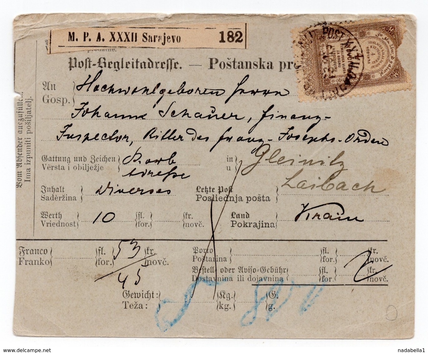 1892 BOSNIA, AUSTRIA-HUNGARY, SARAJEVO TO LJUBLJANA, SLOVENIA, REVENUE STAMP USED AS POSTAL - Bosnië En Herzegovina