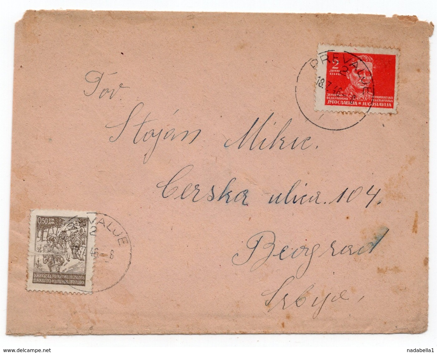 18.07.1946. YUGOSLAVIA, SLOVENIA, KORUSKA,CARINTHIA, COVER FROM PREVALJE TO BELGRADE, TITO - Lettres & Documents