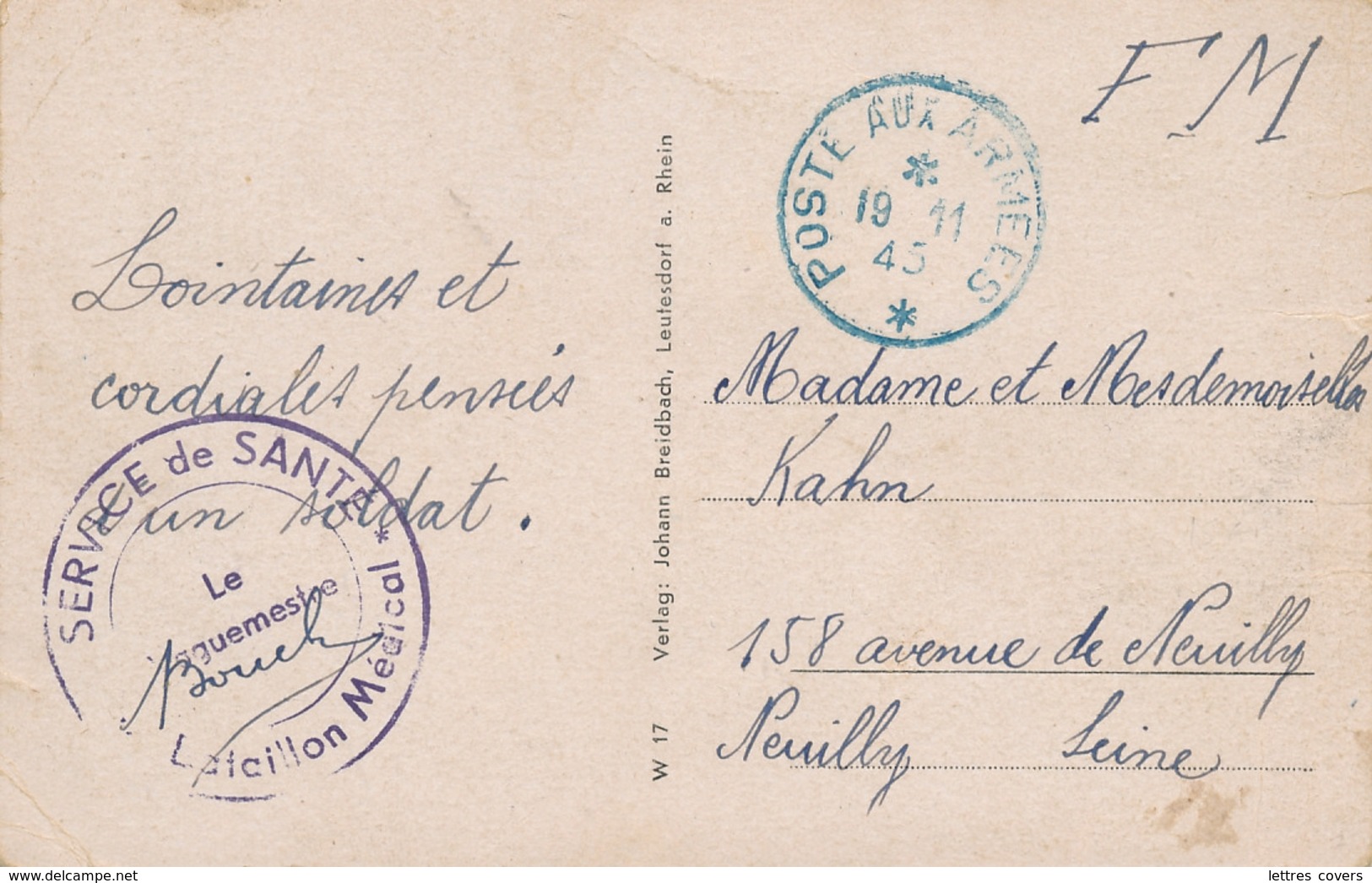 Cachet " SERVICE DE SANTÉ Bataillon Médical " + En BLEU " POSTE AUX ARMÉES 19/11/45 - CP Allemagne LEUTERDORF Occupation - Cachets Militaires A Partir De 1900 (hors Guerres)