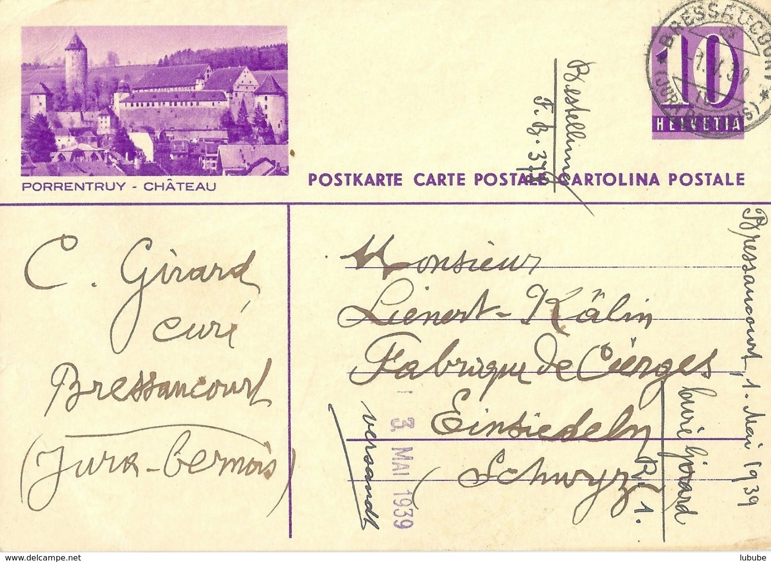 PK 139  "Porrentruy - Château"  Bressaucourt            1939 - Entiers Postaux