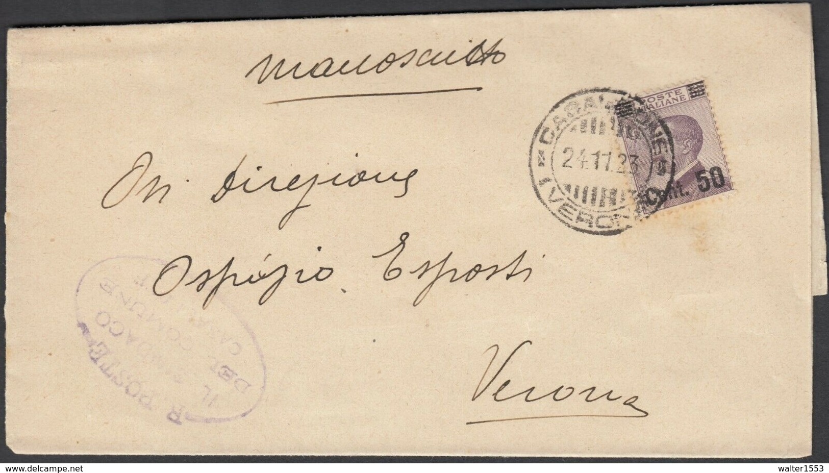 Storia Postale 24/11/1923 Manoscritto Da Verona Per Distretto Affr. Con Cent 50 Su 55 In Tariffa Sass 140 - Storia Postale