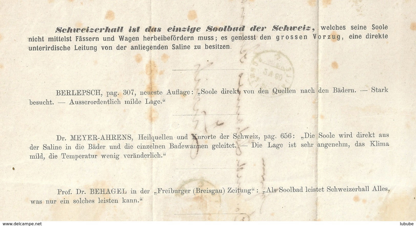 Drucksache  "Solbad, Schweizerhalle" - Zürich        1880 - Brieven En Documenten