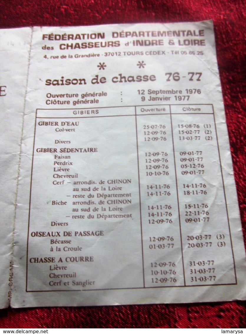 1976/77 FÉDÉRATION DÉPARTEMENTALE  DES CHASSEURS D'INDRE ET LOIRE  à TOURS 37012-GIBIER -FAISAN-BÉCASSE PUB CRÉDIT AGRIC - Autres & Non Classés