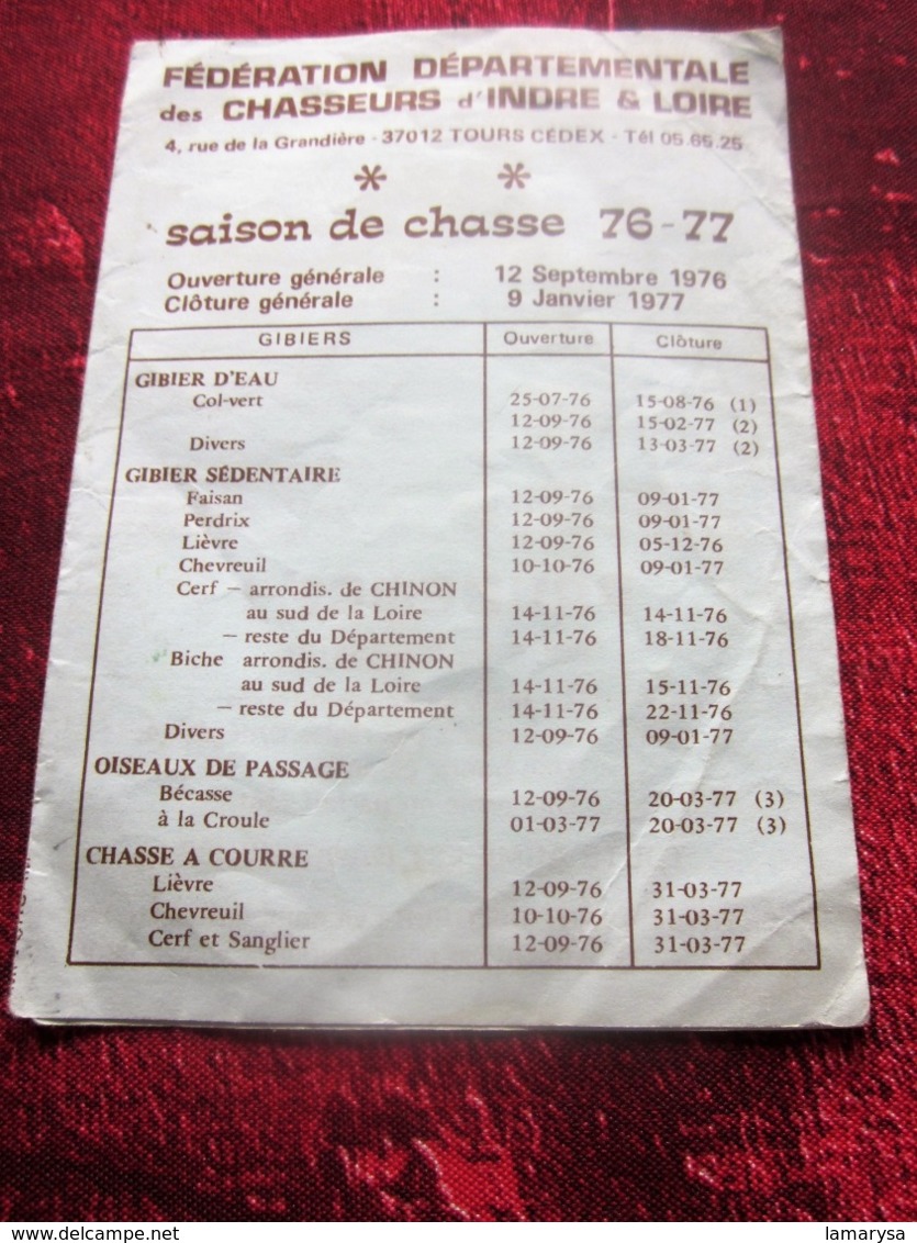 1976/77 FÉDÉRATION DÉPARTEMENTALE  DES CHASSEURS D'INDRE ET LOIRE  à TOURS 37012-GIBIER -FAISAN-BÉCASSE PUB CRÉDIT AGRIC - Autres & Non Classés