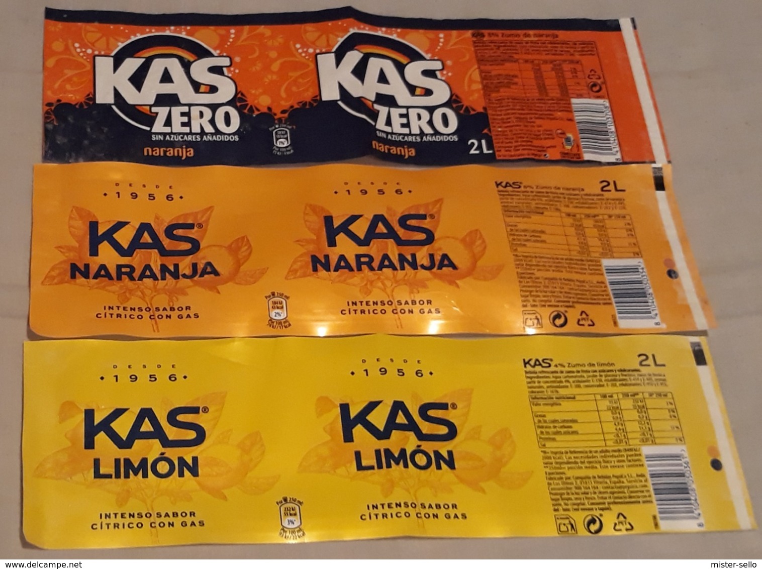 ESPAÑA 3 ETIQUETAS KAS ZERO + KAS NARANJA + KAS LIMON. 2 LITROS. - Otros & Sin Clasificación