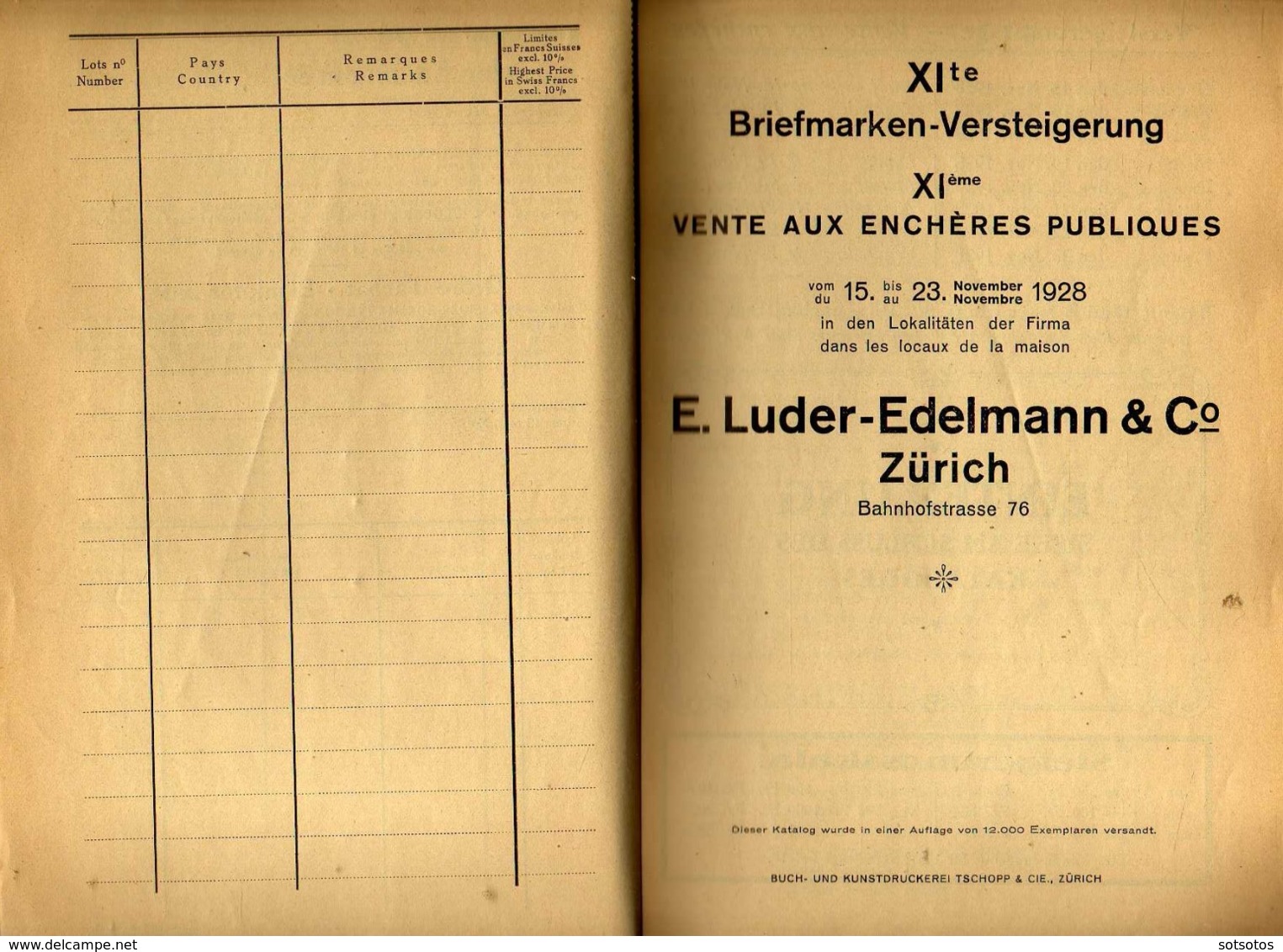 1928 EXTREMELY RARE Auction Catalogue E.LUDER - EDELMAN Of ZURICH: XI VENTE AUX ENCHERES (15-24 November 1928) - A Very - Altri & Non Classificati