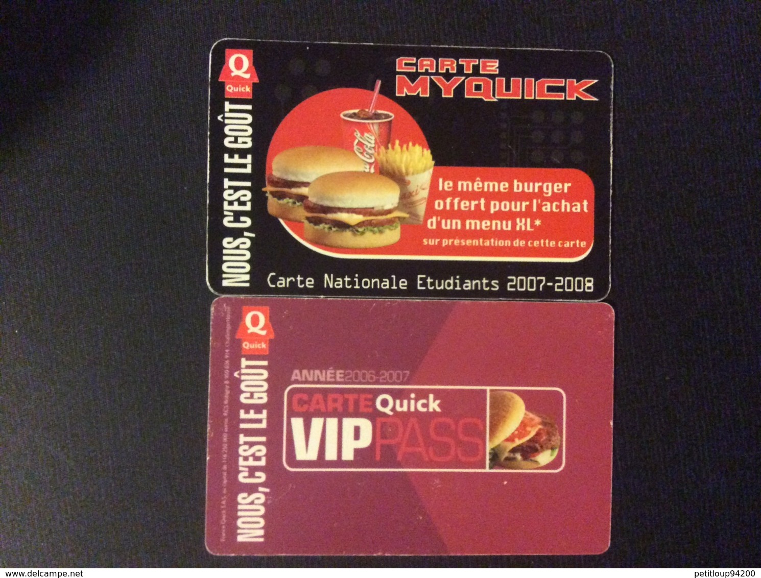 2 CARTES DE FIDELITE QUICK  *Carte Nationale Étudiants  *Carte Quick VIP Pass - Gift And Loyalty Cards