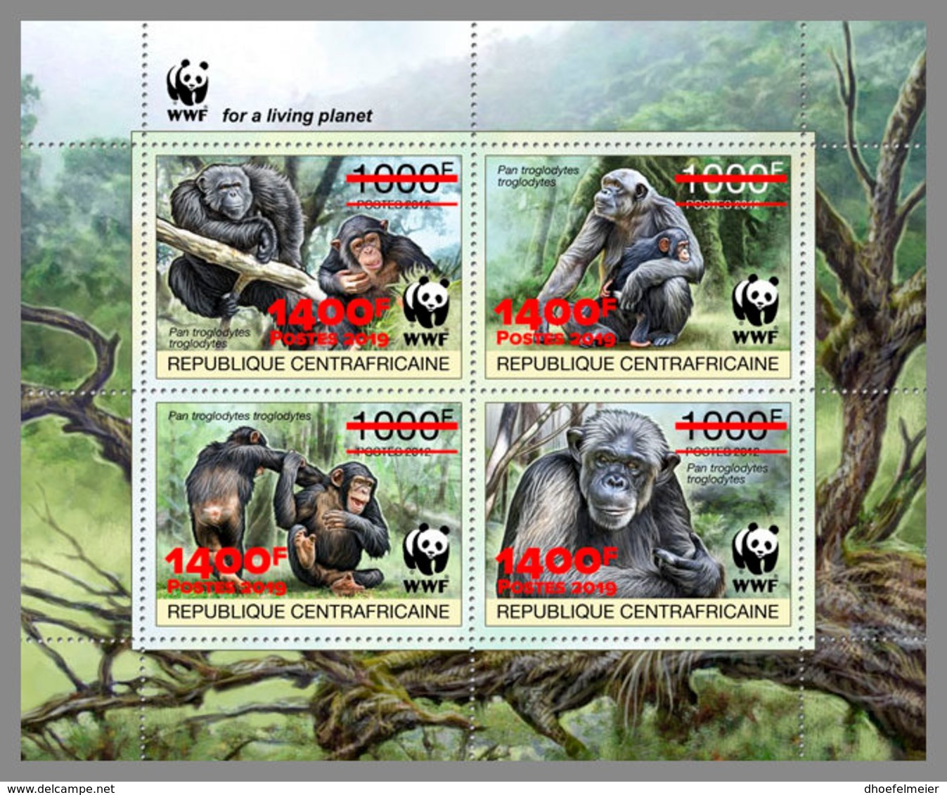 CENTRALAFRICA 2019 MNH WWF Overprint Chimpanzee Schimpanse Chimpanze RED FOIL M/S - OFFICIAL ISSUE - DH1935 - Monkeys