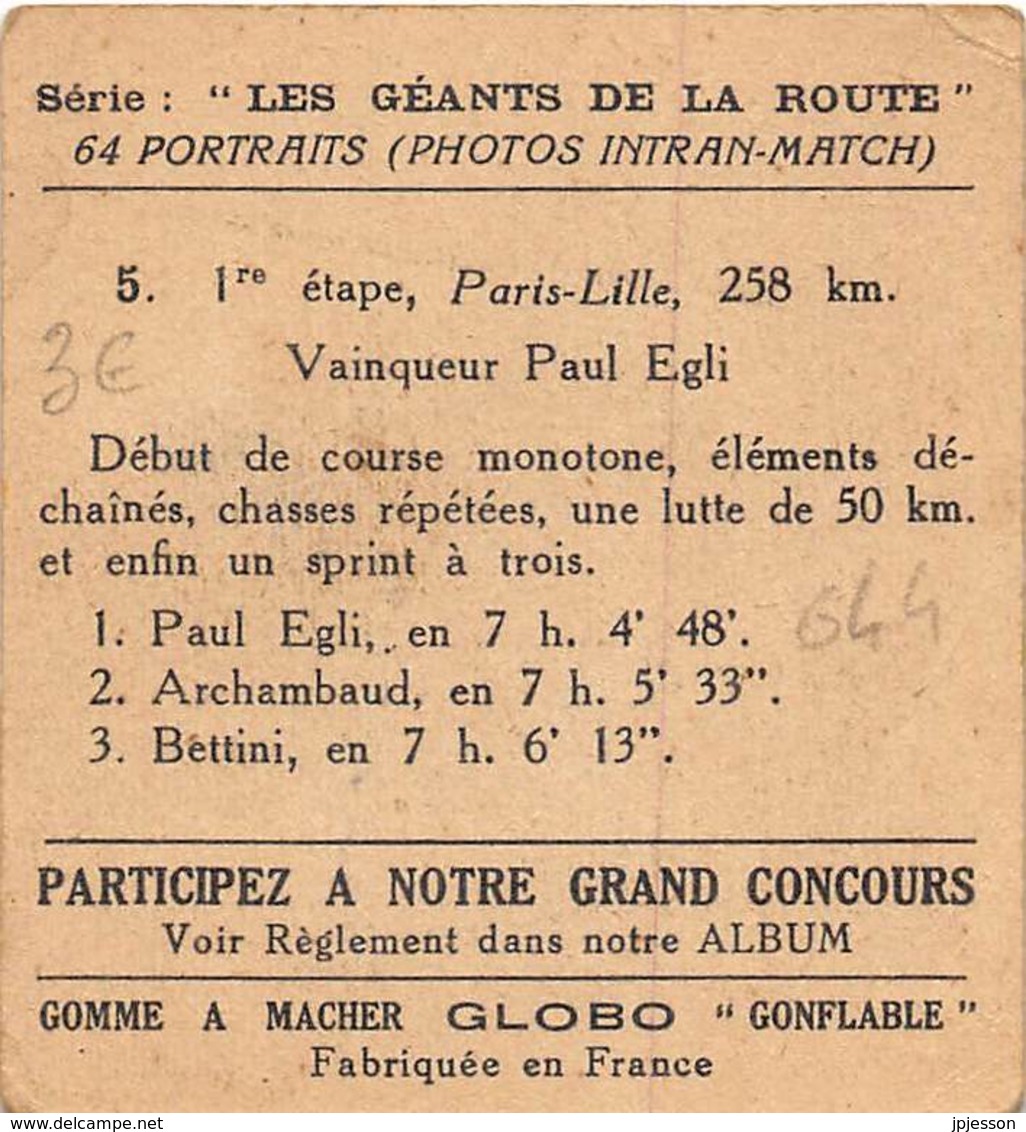 CHROMO GLOBO (GOMME A MACHER)  SPORT - CYCLISME "LES GEANTS DE LA ROUTE"  5- PAUL EGLI (SUISSE) - Autres & Non Classés