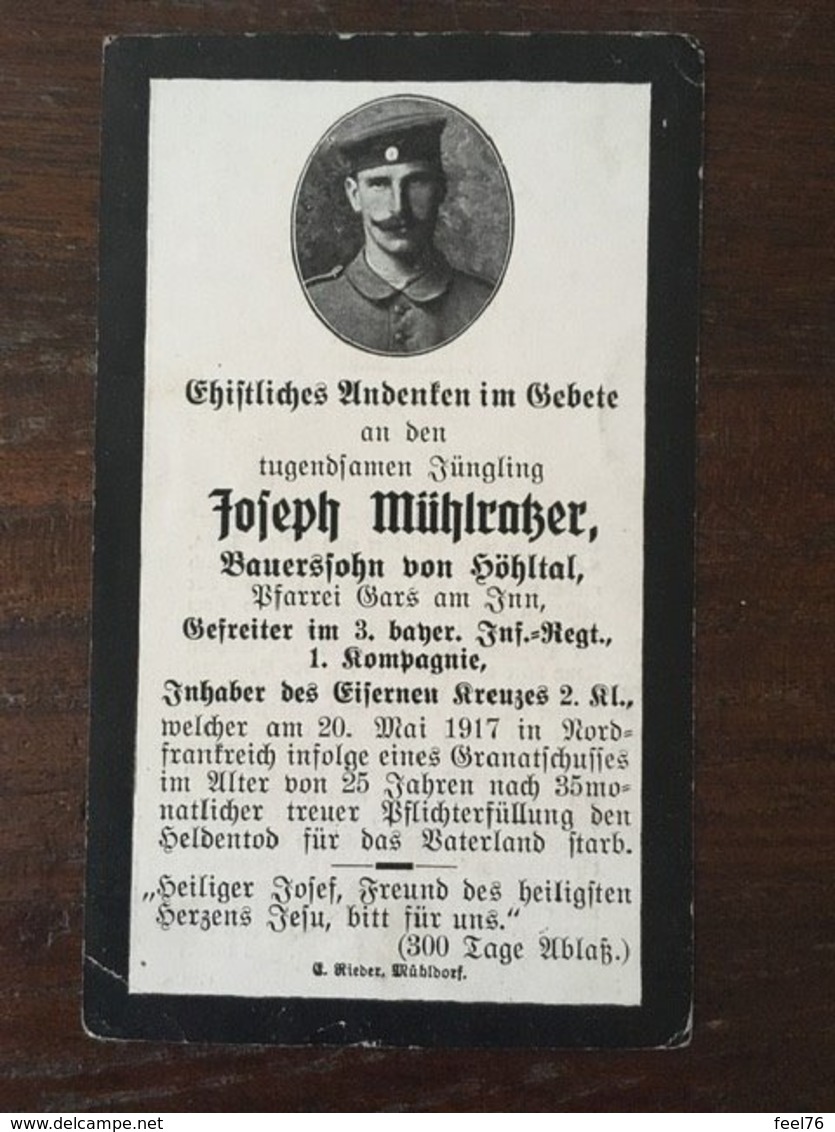 Sterbebild Wk1 Bidprentje Avis Décès Deathcard IR3 CERNY EN LAONNOIS Aus Gars Am Inn - 1914-18