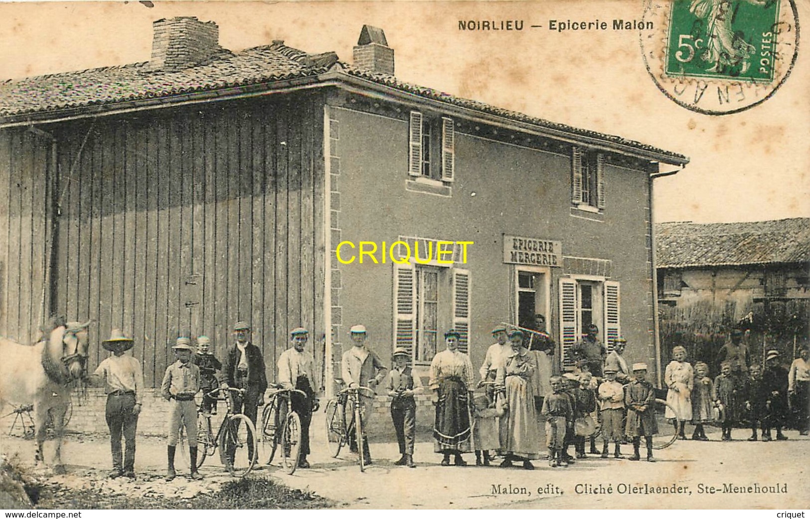 51 Noirlieu, Epicerie Malon, Animée Avec Habitants Et Gérants, Belle Carte Pas Courante Affranchie 1913 - Autres & Non Classés