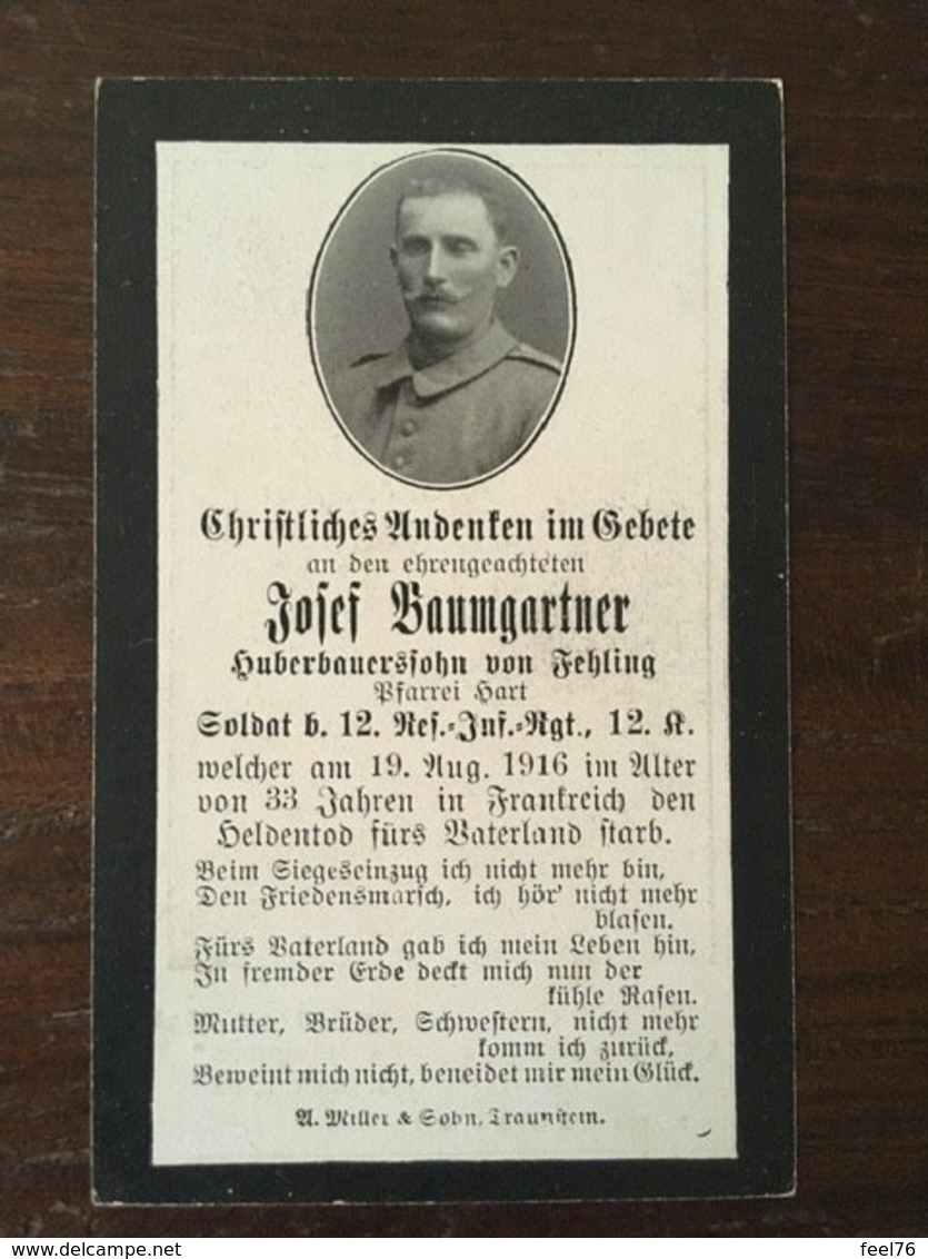 Sterbebild Wk1 Bidprentje Avis Décès Deathcard RIR12 RANCOURT MAUREPAS August 1916 Aus Fehling - 1914-18