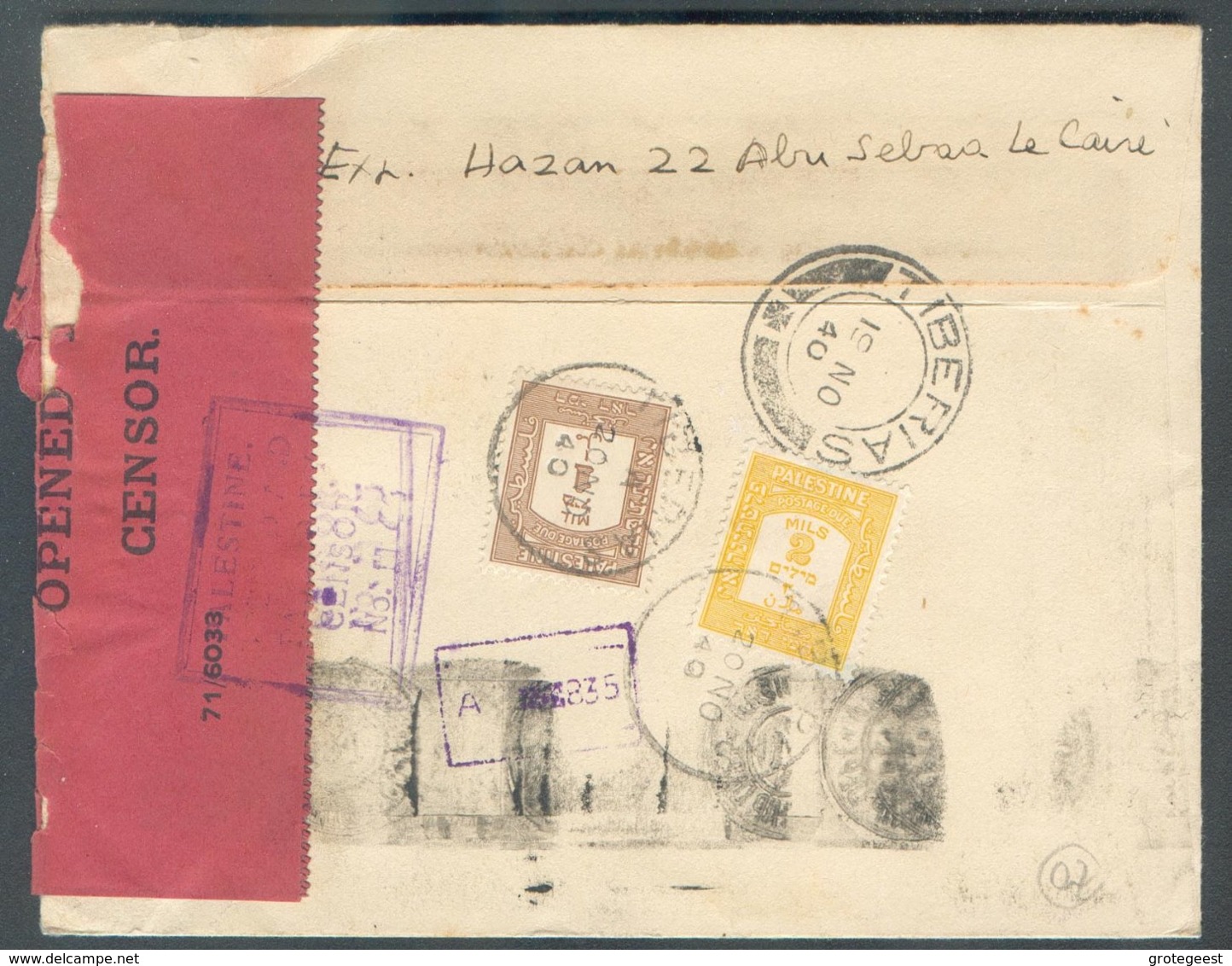 MULTIPLE EGYPTIAN PALESTINIAN CENSOR FAROUK 5 Mill. (block Of 4) Cacnelled CAIRO D.B. On Cover OCT. 1940 Censored To Tib - Lettres & Documents