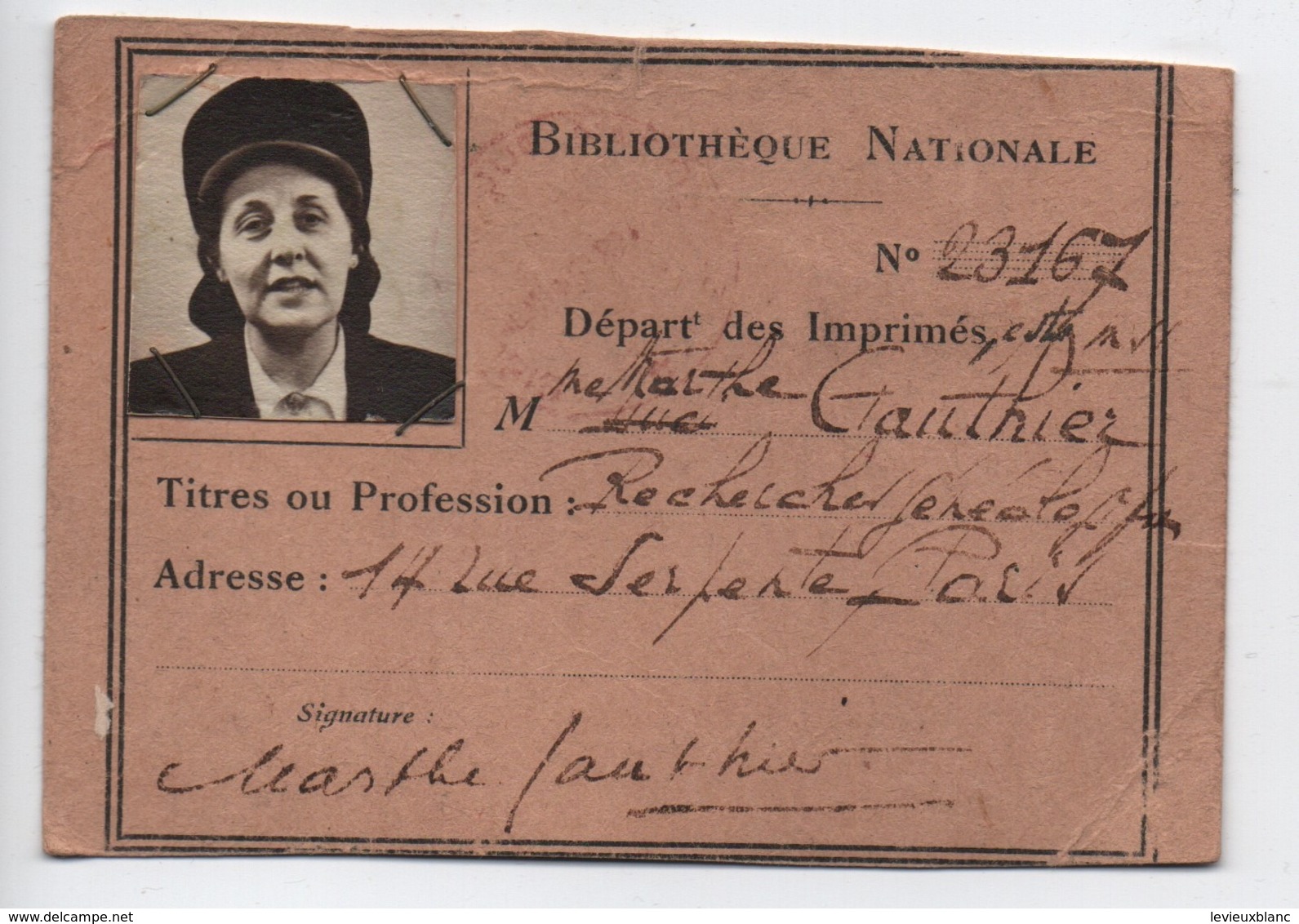 Carte Ancienne D'Adhérent/Bibliothèque Nationale/ Marthe Gauthier/Recherches Généalogiques/1953      AEC166 - Other & Unclassified