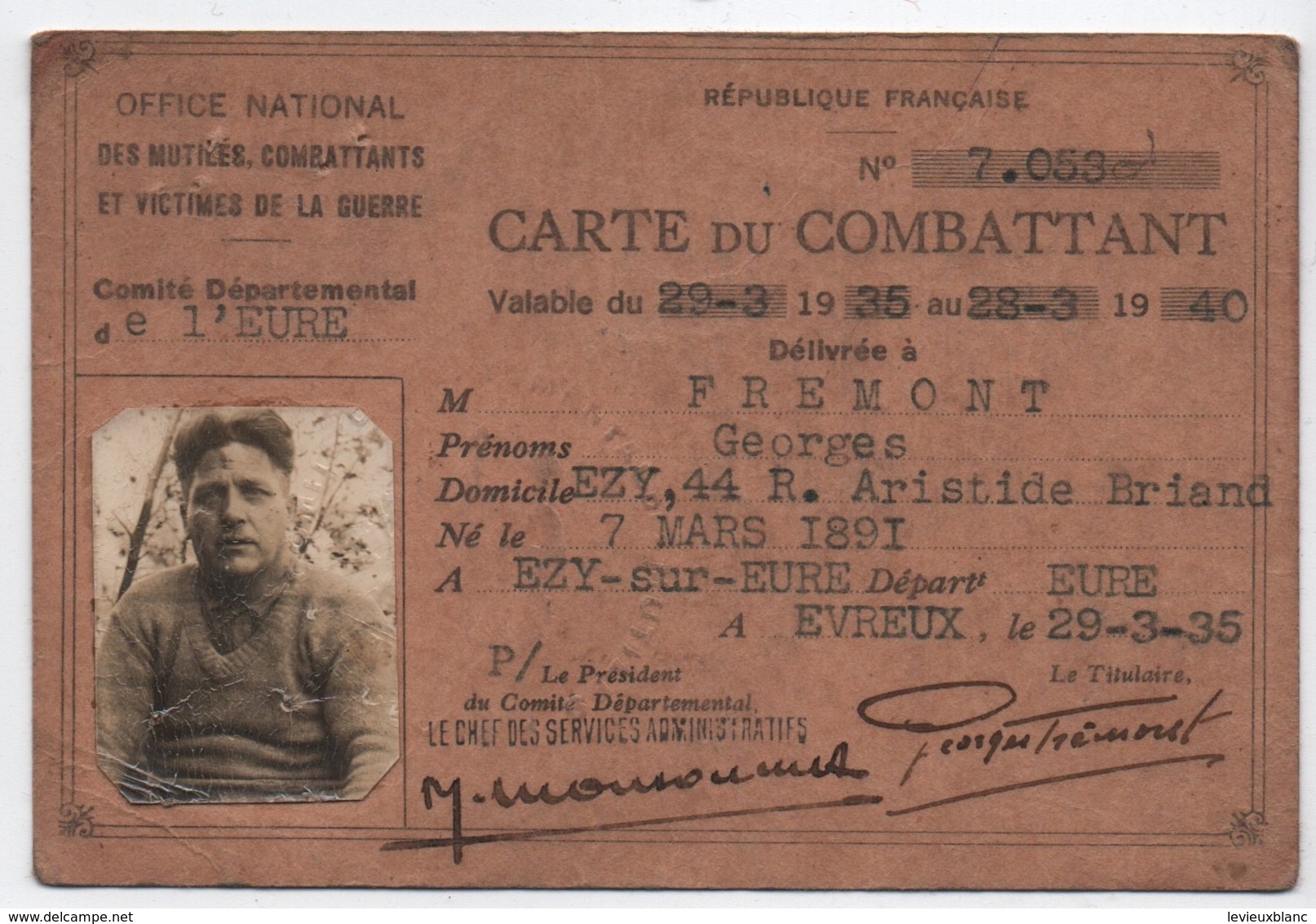 Carte Ancienne / Militaria/Carte Du COMBATTANT/EZY Sur EURE/ Frémont/Evreux/1935      AEC169 - Autres & Non Classés