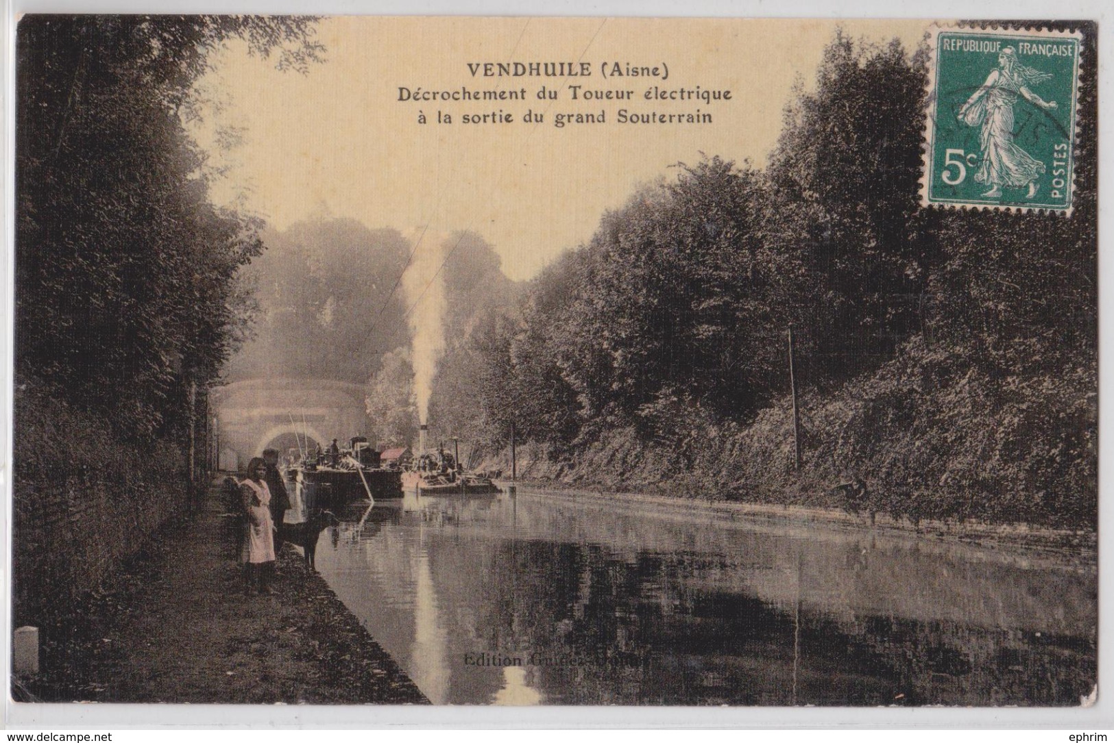 VENDHUILE (Aisne) - Décrochement Du Toueur électrique à La Sortie Du Grand Souterrain - Péniche - Batellerie - Autres & Non Classés