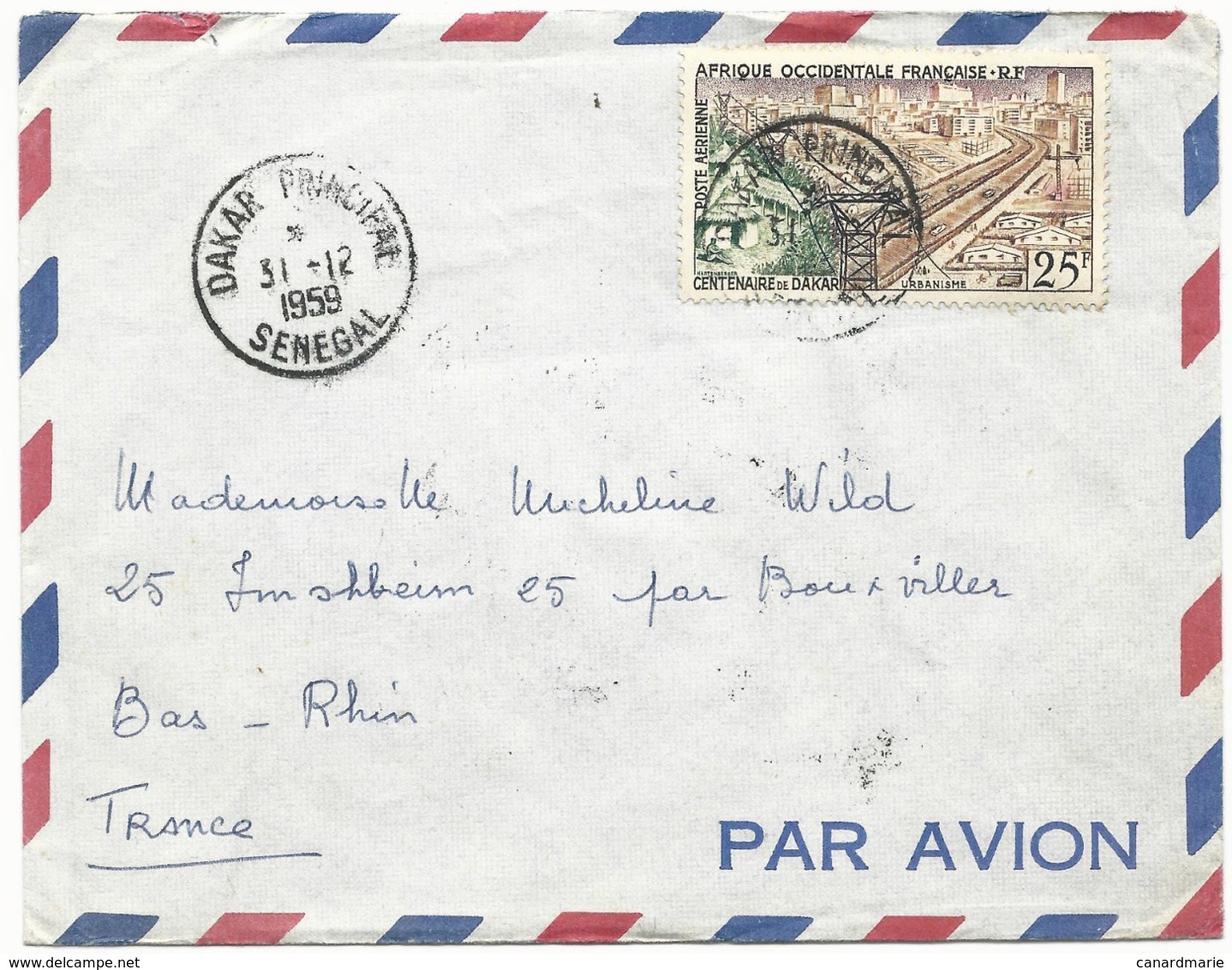 LETTRE PAR AVION 1959 AVEC TIMBRE A 25 FR ET CACHET DAKAR PRINCIPAL - Lettres & Documents