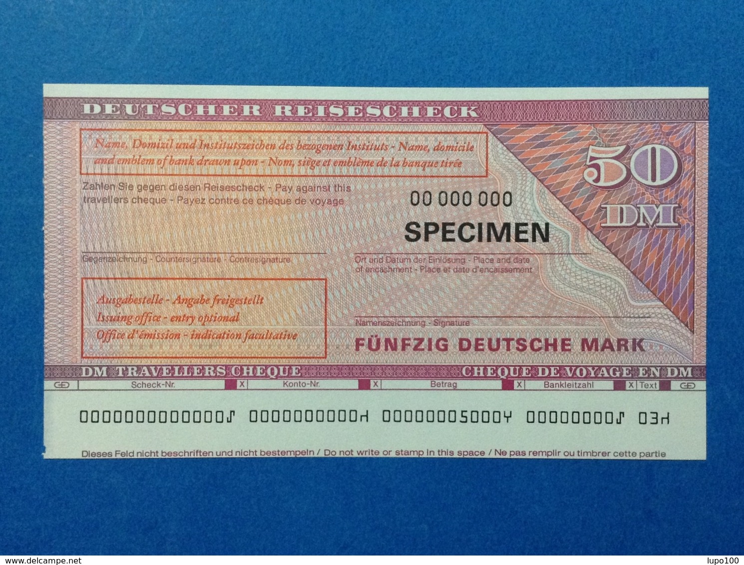 50 DM TRAVELLERS CHEQUE SPECIMEN DEUTSCHER REISESCHECK FUNFZIG DEUTSCHE MARK - Altri & Non Classificati