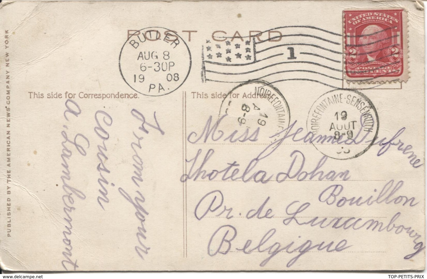 REF1/ USA PC Madison Wisconsin Butler 1908 Flag Cancellation > Belgium Arrival Cancellation Noirefontaine-Sensenruth - Covers & Documents