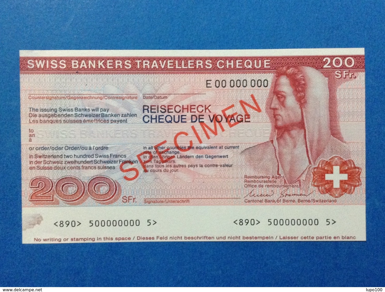 BANCONOTA SPECIMEN 200 FRANCS SWISS BANKERS TRAVELLERS CHEQUE REISECHECK - Specimen