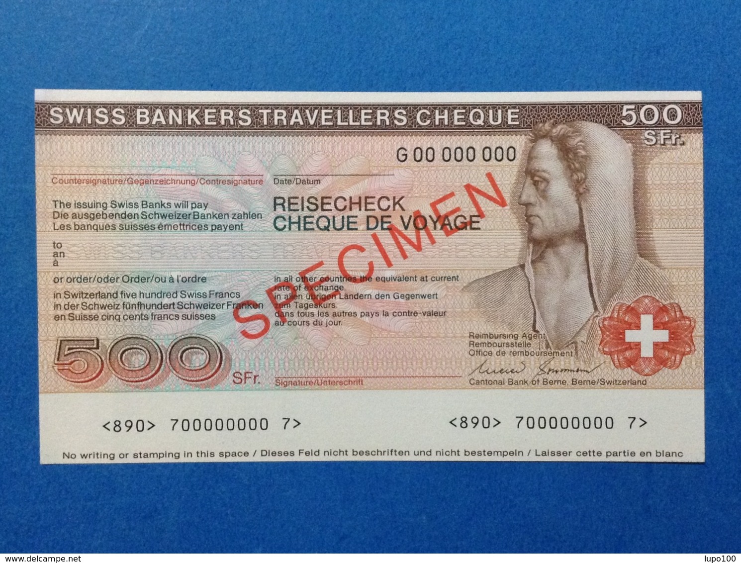 BANCONOTA SPECIMEN 500 FRANCS SWISS BANKERS TRAVELLERS CHEQUE REISECHECK - Ficción & Especímenes