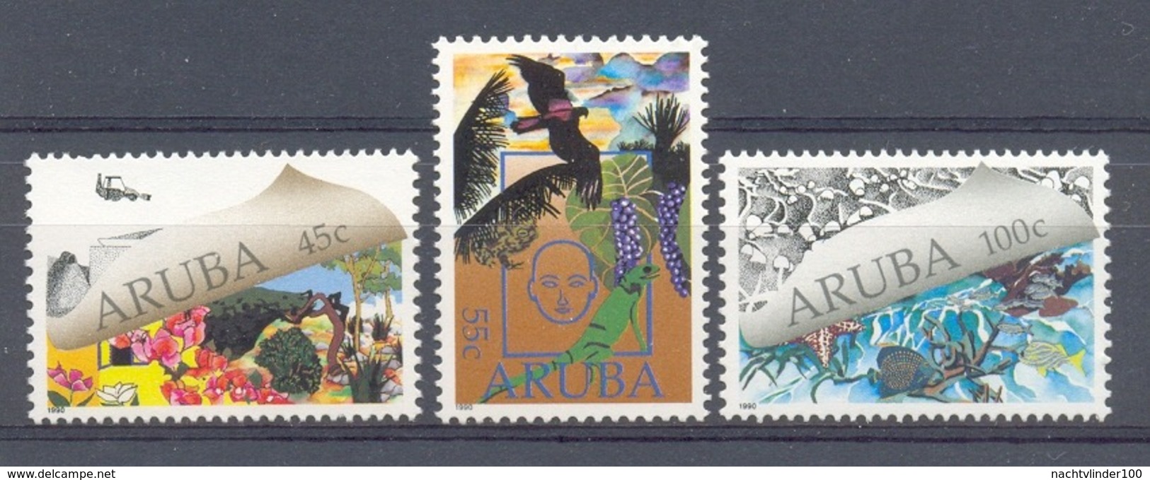 Mge0070 FAUNA NATUUR EN MILIEU VOGELS ZEELEVEN REPTIEL LEGUAAN VISSEN FISH REPTILE IGUANA BIRDS ARUBA 1990 PF/MNH - Milieubescherming & Klimaat