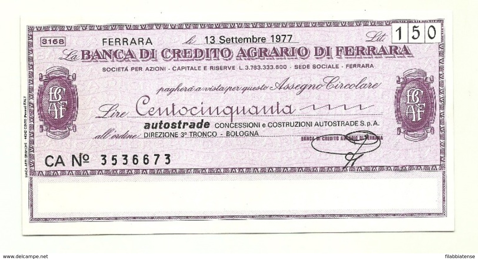 1977 - Italia - Banca Di Credito Agrario Di Ferrara - Autostrade 3° Tronco - Bologna - [10] Assegni E Miniassegni