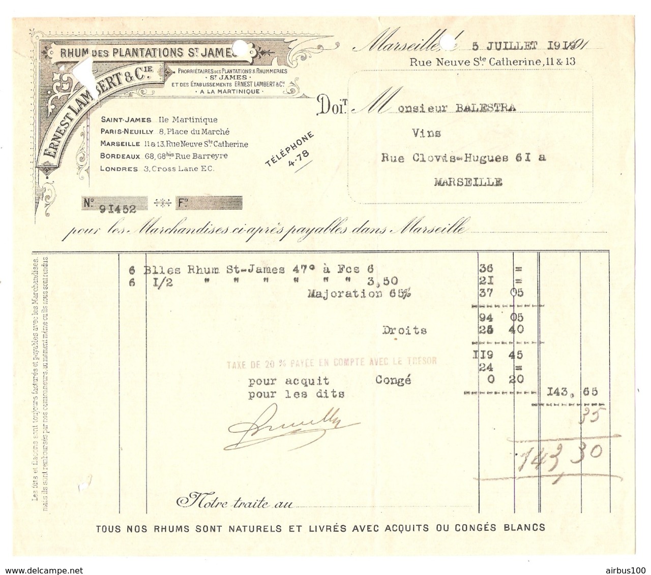 FACTURE MARSEILLE RUE NEUVE 5 JUILLET 1919 - ERNEST LAMBERT RHUM Des PLANTATIONS St JAMES à La MARTINIQUE ANTILLES - Food